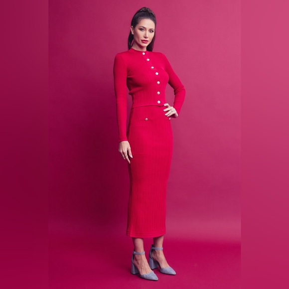 671. Knit Cardigan and Midi Skirt Set in Red - Picture 3 of 4
